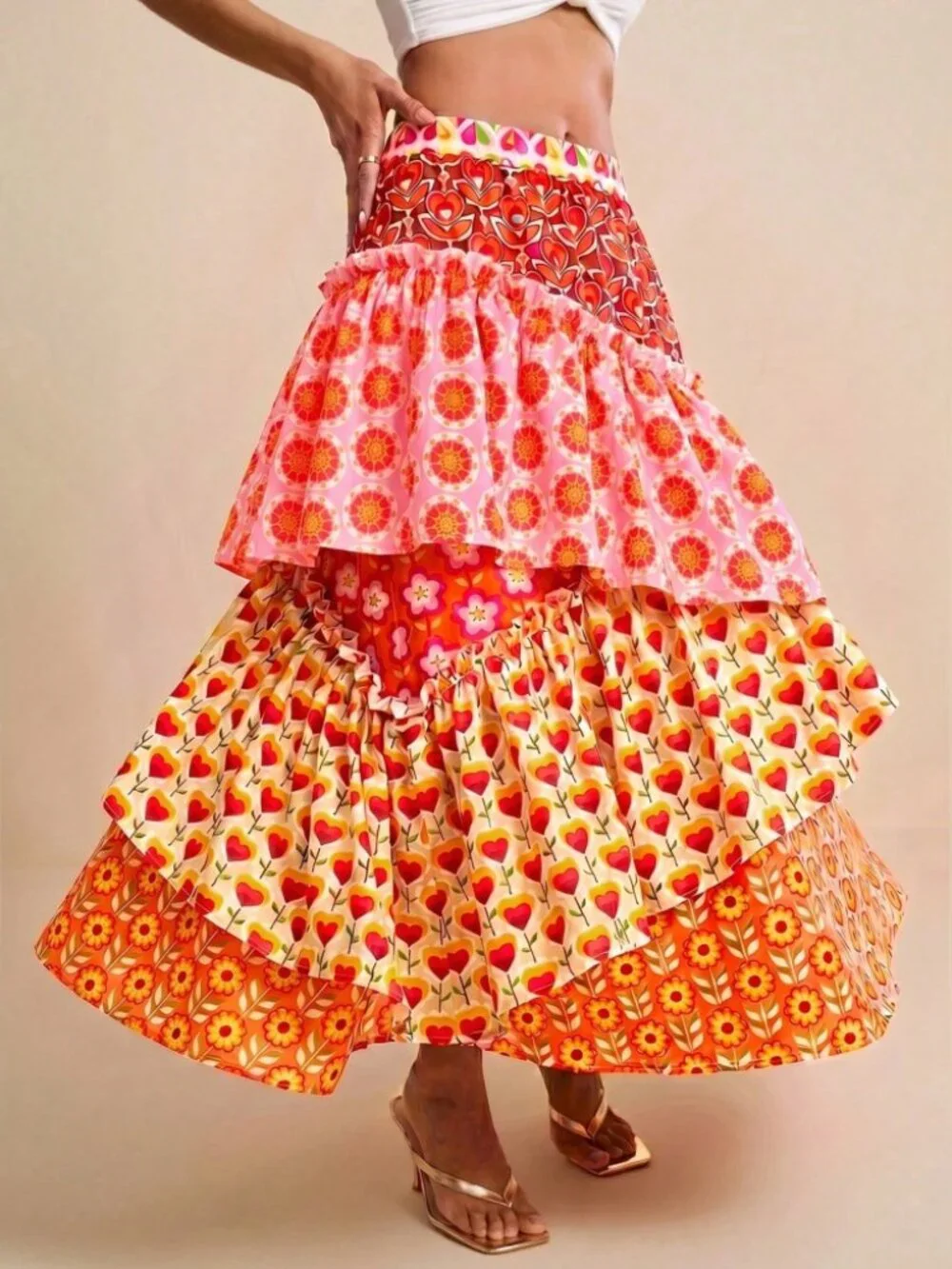 Pink Orange Mixed Floral Print Tiered Ruffle Maxi Skirt